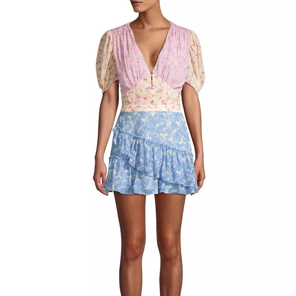 LoveShackFancy Bea Patchwork Floral Silk Dress colorful size 6 - Picture 1 of 6